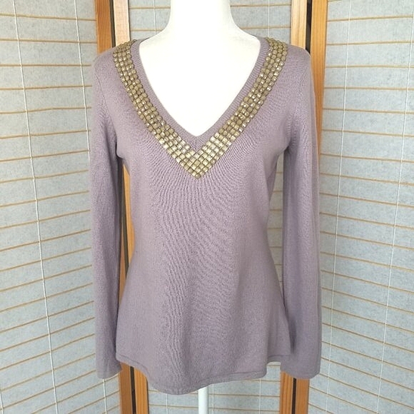 Pamela Dennis Beaded Purple Sweater Deep V-Neck Cotton Blend Cashmere Angora - Picture 1 of 9